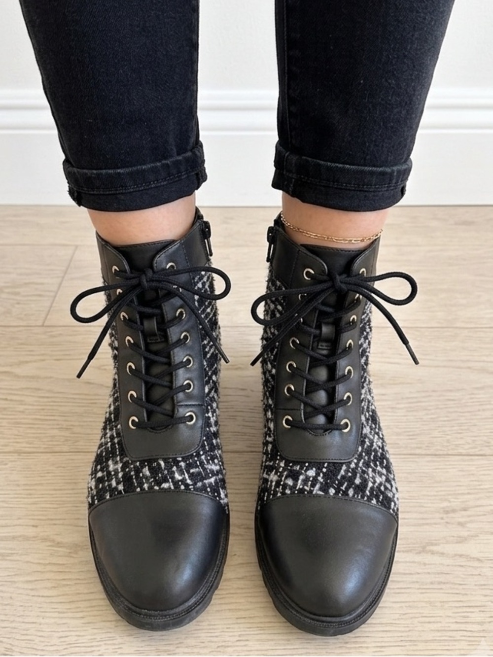 Charter Club Black Tweed Lace-Up Ankle Boots with Black Faux Leather Cap